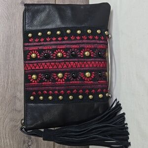 Lucky Brand Black and Red Embroidered Leather Clutch with Tassel